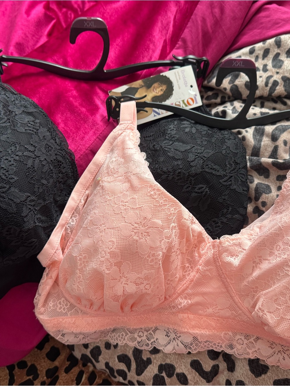 Soft Lace Bralettes. One pink lace, one black lace.